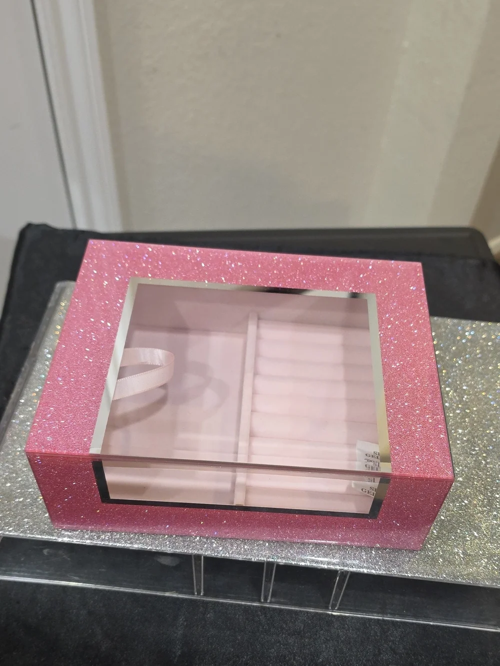 At Home Pink Glitter Mirrored Decorative Jewelry Organizer Box